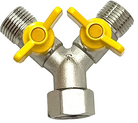 Distributore Y a 3 vie con 2 valvole a sfera di intercettazione, per il collegamento di 2 dispositivi/connettori con 1/2 pollici AG.