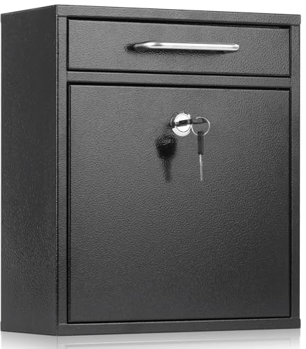 xydled Steel Mailbox Wall Mount, Medium Locking Mailbox with Key Lock, Lock Mail Boxes for Outside, Security Key Drop Box, Collection Boxes, 13.4H x 11.6L x 5.6W Inches, Black, Large