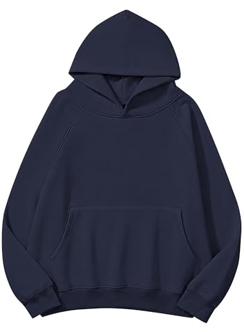 Lauweion Women Solid Basic Fleece Letter Loose Hoodie Sweatshirt Long Sleeve Kangaroo Pocket Drop Shoulder Pullovers Top Navy