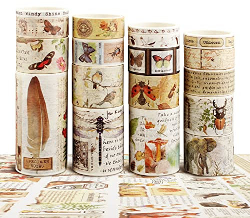 Ruicaifu 18 Rollen Washi Tape Vintage Set, Dekoratives Klebeband Masking Tape Vintage Washi Klebeband für DIY Basteln Journals Planer Scrapbooking Papier Karte (7.5/5/3/2.5/2/1.5/1/0.5cm)