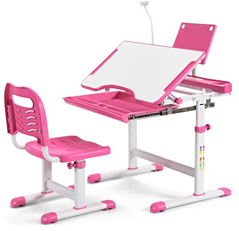 DREAMADE Kinderschreibtisch höhenverstellbar, Schülerschreibtisch neigungsverstellbar, Jugendschreibtisch mit LED-Lampe und Bücherständer, Schreibtisch Set für Kinder mit Stuhl und Schublade (Rosa)