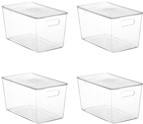Vtopmart Set di 4 scatole impilabili trasparenti con coperchio, in plastica XL, con manico per organizzare e riporre in dispensa, bagno, cucina, frigorifero e armadio