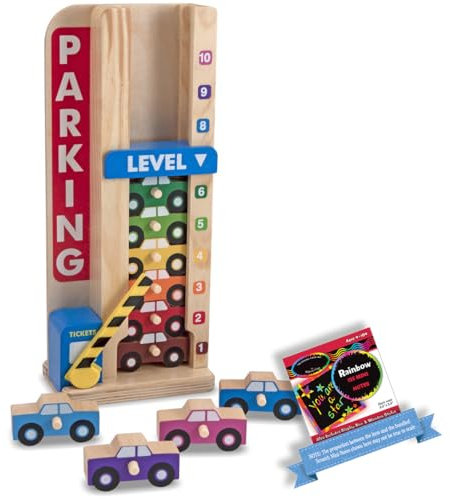 Stack & Count Garage de stationnement en bois : ensemble de jouets classiques avec 1 mini-pad à thème compatible M&D Scratch Fun (05182)