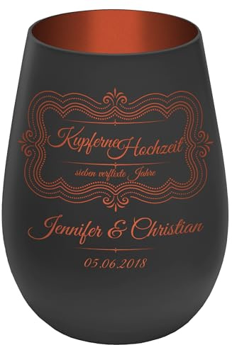 Windlicht mit Gravur ''7 Jahre Kupferne Hochzeit'' - Schwarz/Kupfer - Glas Teelichthalter personalisierbar mit Wunschtext - Geschenk zu Hochzeit Jahrestag Jubiläum
