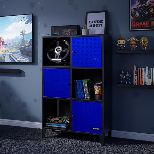 X-Rocker Mesh-Tek Tall 6 Cube Storage Unit, Bookcase Display Cabinet with 3 Cupboard Doors and 3 Shelves, Metal Sideboard Locker - Black & Blue