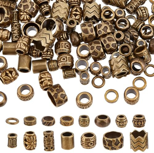 NBEADS 150 Stk. 15 Stile Legierung Abstandshalter Perlen, Antike Bronze Haarperlen Legierung Dreadlock Perlen 4-10mm Großes Loch Lose Perlen für Haarzöpfe Haarschmuck