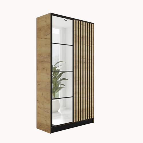 KIER FURNITURE Kleiderschrank mit Spiegel - Garderobenschrank mit Push to Open Türöffner - Schrank mit Ausziehbare Kleiderstange - Eden - 104,8x205x39cm - Craft Eiche