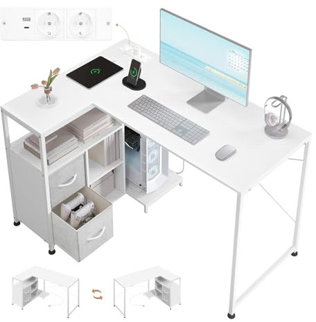 WOLTU Eckschreibtisch Weiß mit USB-A/C Steckdosen - 120x80x75cm Schreibtisch Computertisch + Wechselregal & Stromanschluss, Metallrahmen