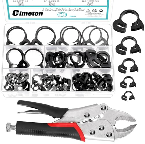 Cimeton 5Sizes 57PCS Nylon Plastic Hose Clamps Assortment Kits 6.6MM 8.6MM 14MM 18.1MM 26.1MM R-Type Cable Clamps Heavy Duty Speedy Double Snap Grip with Snap Fastener Plier for Cable Conduit