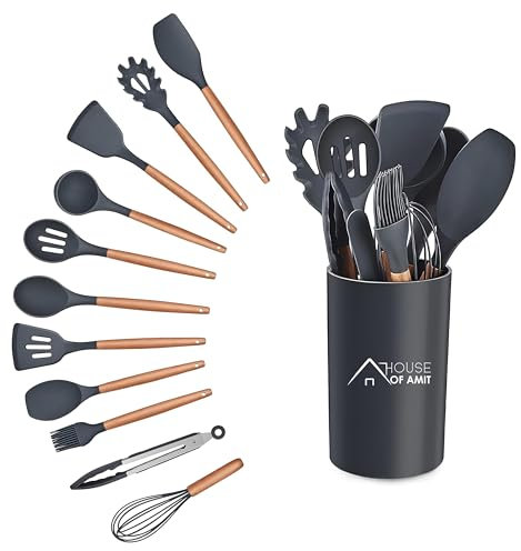 12 PCS Silicone Kitchen Utensil Set with Wooden Handles Non-Stick Heat Resist Holder Cookware Spoons Turners Tongs Ladle Spatula Kitchen Accessories Kitchen Gadgets Cooking Camping (Dark Grey)