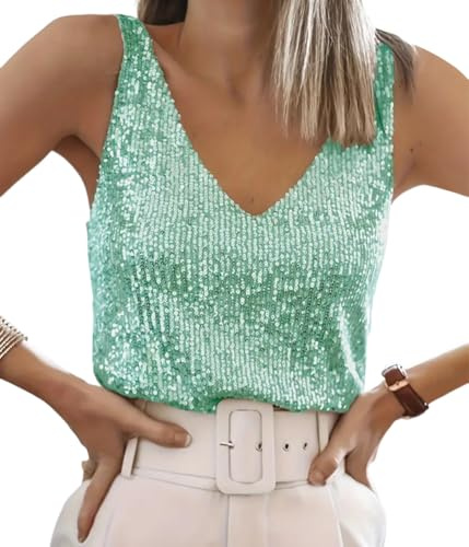 ORANDESIGNE Tanktops Pailletten Damen V-Ausschnitt Ärmelloses Top mit Schimmernden Pailletten Glitzer Oberteile Abend Glitzertop Frauen Party Disco Outfit Damen