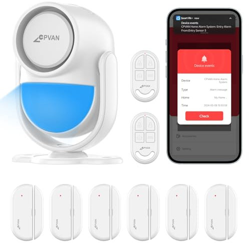 CPVAN Allarme Casa Senza Fili (2.4GHz WiFi), PIR WiFi Sensore di Movimento, Allarme Intelligente per Porte/Finestre,fai da te Antifurto Casa Wireless - 9 pezzi-Kit, Senza Contratto e Canone