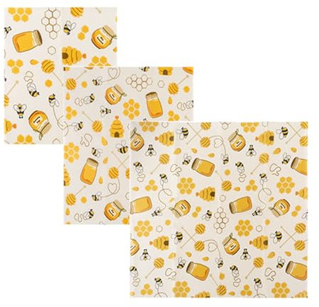 Yosugar Beeswax Cloths, Set of 3, Organic Beeswax Cloths, Ecological, Reusable, 3 Sizes (18 x 20 cm, 25 x 28 cm, 33 x 36 cm) (Bees)