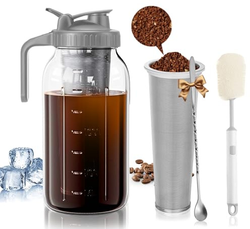 Cafultgo 64 Oz Cold Brew Coffee Maker with Stainless Steel Filter, 1 Quart Heavy Duty Iced Coffee Maker Pour Spout Handle Lid, Cleaning Brush and Spoon, for Iced Coffee, Fruit Drinks(grey)