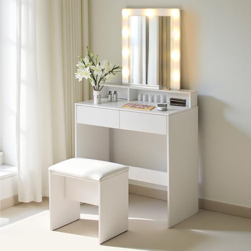 buybyroom Toeletta Trucco con Luci, Toilette Specchiera Trucco con Sgabello Specchio, Luminosità Regolabile, Postazione Make Up con 2 Cassetti, 3 Scomparti, Lunghezza 80 Cm, Bianco