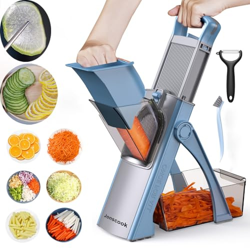 Mandolina Jonscook Todo en 1, Actualizada y Segura, para Cocina, Picadora, Cortadora de Verduras con Tazón Grande, Grosor Ajustable, Mandoline Plus (Black Knight) (Azul)