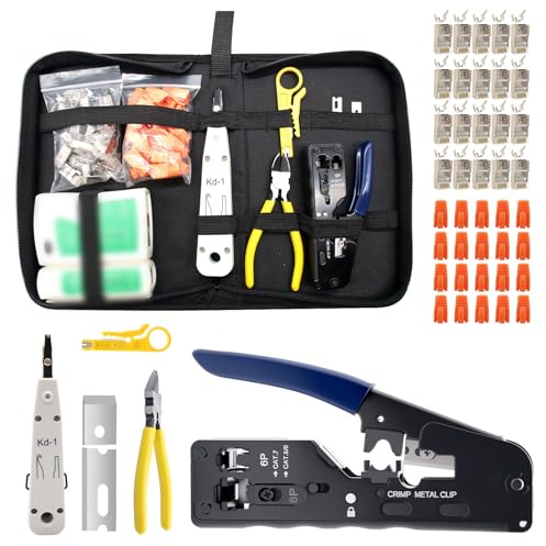 Crimpwerkzeug-Set RJ45, Netzwerk Werkzeug mit 20 RJ45 Stecker für Cat5/6/7 | Durchgangs-Abisolier und Schneidwerkzeug, Ethernet-Kabel-Wartungssets Reparaturwerkzeuge, Kabeltester für Profis & Heimwerker