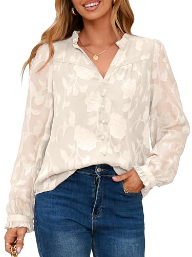Simplee Womens Dressy Casual Blouses Long Sleeve V Neck Chiffon Burnout Shirts Loose Business Work Top Fall Outfits(Apricot,Medium)