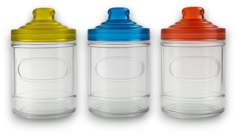 KORAT Set 3 Barattoli in Vetro 650 ml con Coperchio Colorato in Plastica Contenitori Ermetici per Cucina con Ideali per Zucchero, Caffè, Sale Design Trasparente, Etichette Personalizzate, Barattoli