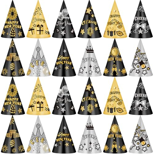 Skylety 24 Piezas Sombreros de Feliz Año Nuevo Happy New Year 2026 Sombrero de Cono de Papel Negro Oro Plata Gorros de Nochevieja Accesorios Fotos Decoracion Celebración Cotillon Fin de Año Invierno