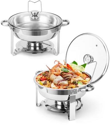 RBFGYIOP Set di 4 Chafing Dishes Rotondi in Acciaio Inox 5L/6L - Coperchio in Vetro Visibile - Ideali per Feste, Matrimoni, Catering - Bordo Acciaio Inox - Four-piece Set, Stainless Steel Edge