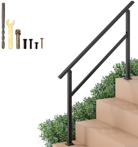 TANGZON Outdoor Handrails for Steps, Fit 1-2/3/4 Step Stair Rail Kit with 42° Adjustable Angle, Horizontal Bar, 150 KG Carbon Steel Support Rails for Seniors, Concrete Deck Stairs (1 to 4 Steps)