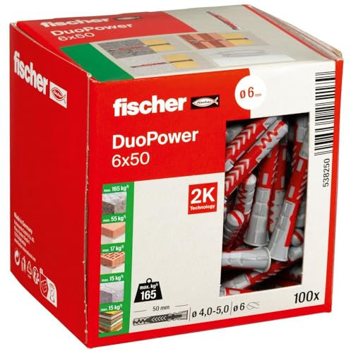 fischer DuoPower 6 x 50, Universaldübel, leistungsstarker 2-Komponenten-Dübel, Kunststoffdübel zur Befestigung in Beton, Ziegeln, Stein, Gipskarton uvm., ohne Schrauben, 100 Stück