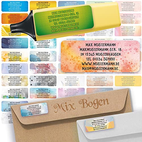 Adress-Etiketten - Adress-Aufkleber Sticker Namensaufkleber mit Ihrem Wunschtext 57x 23mm, für 1 bis 5 Zeilen Text - 45 Stück 45 Hintergründe zur Auswahl (Mix Etiketten)