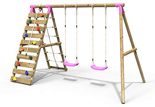 Rebo® Wooden Swing Set with Up and Over Climbing Wall - Ela Pink | OutdoorToys | Two Pink Swing Seats, Sturdy Wooden Construction, Pressure Treated Timber
