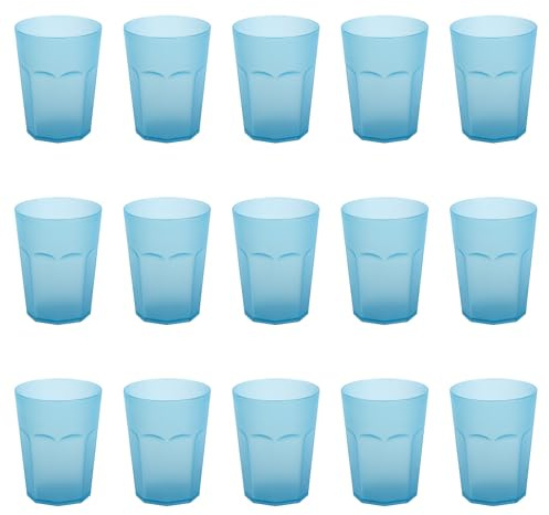 Engelland - 15 x Plastikbecher, Trinkbecher, Hell-Blau, Frostoptik, 400 ml, Eichstrich, bruchfest, stapelbar, Mehrweg, Kunststoff, wiederverwendbar, Party-Becher, Trink-Glas