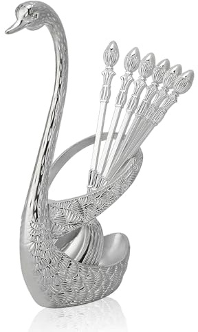 Lot de 6 Cuillère à Café, Petites Cuillère de Thé en Acier Inoxydable avec Cygne Forme Support de Vaisselle Cuillères à Café Longue Cuillères à dîner pour Gâteau Salade Cocktail Dessert(Argent)