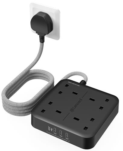 LENCENT Extension Lead with USB C Port, 4 Way Outlets Power Strip with 1 USB-C and 3 USB Slots, Multi Power Plug Extension with 1.8M Braided Extension Cord for Home Office 3250W- Black