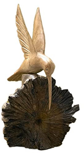 ART-CRAFT Handcrafted in Bali carved beautiful decorative wooden miniature hummingbird animal figurine Ideal as a living room decoration figure or as a shelf decoration Excellent as a gift.