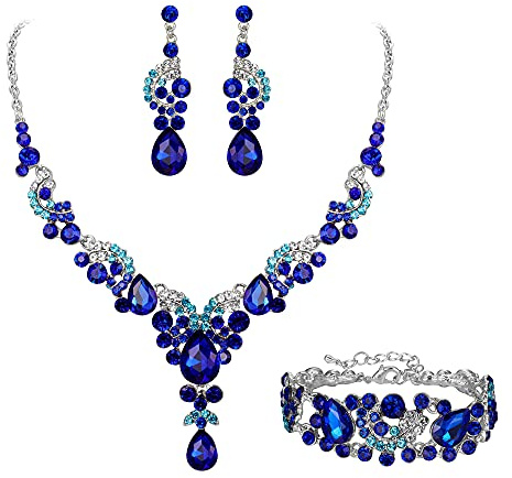EVER FAITH Conjunto de Joyas de Cristal Art Deco Nupcial Collar de lágrima Floral de Pendientes y Pulsera Azul con Cielo