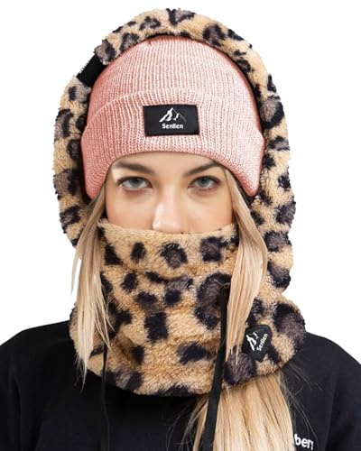 Senllen Cagoule Coupe-Vent en Polaire pour Temps Froid, Masque de Ski, Masque Thermique Respirant, Cache-Cou, écharpe, Casque à Capuche, Léopard, Taille Unique
