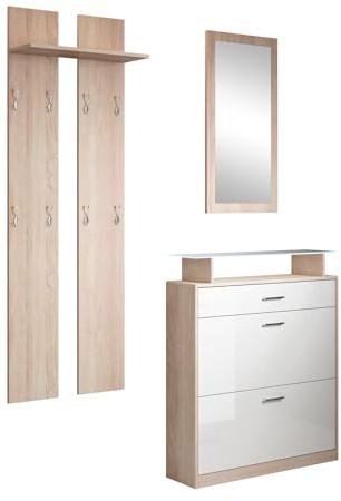 MB Muebles Bonitos | Conjunto Recibidor Paola Set con Zapatero | Espejo | Perchero | Luz LED | Diseño Moderno | Melamina Brillo y Mate | Color Sonoma y Blanco