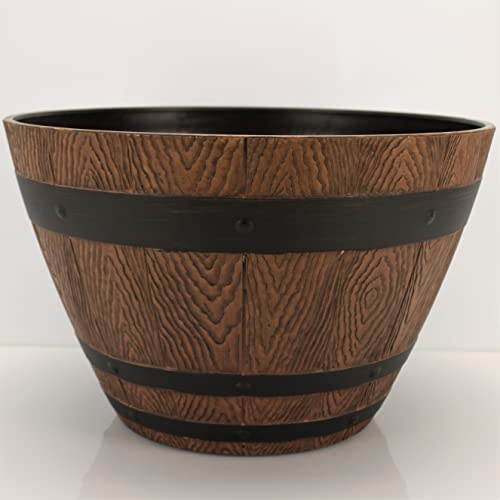 Blumenkübel im Eichenfass Design, Holzoptik - Blumentopf, Blumenkasten für aussen - 33 cm groß, 21 cm hoch (Dunkelbraun F1)