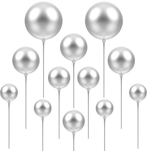 STOBOK Balls Cake Cupcake Topper：12PCS Silver Happy Birthday Pearl Insert Cup for Party Wedding Anniversary Baby Shower Cake Decoration