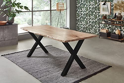 SAM Esstisch 300x100 cm Bologna, Akazienholz massiv + naturfarben + lackiert, echte Baumkante, Baumkantentisch mit X-Gestell aus Metall schwarz, Esszimmertisch mit Tischplatte 26 mm