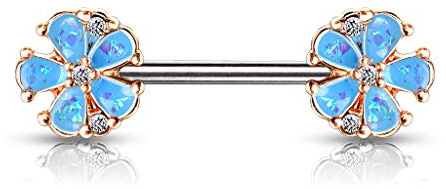 beyoutifulthings Brustwarzen-piercing Roségold Opal-Glitzer Blumen Pink Aqua Weiß Brust-piercing Nippel-piercing Chirurgenstahl Stab 14-mm