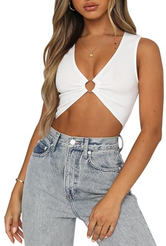 QKEPCY Mujer Camiseta Sexy Crop Top Elástico Manga Corta Verano Casual sin Mangas T-Shirt Y2K Tops Cut out Streetwear Informal (Blanco S)