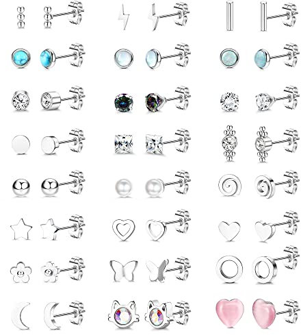 JeweBella 24 Paar Kleine Ohrstecker für Damen Mädchen Edelstahl Mehrere Geometrische Kleine Kugel Opal Stern Herz Perle Blume Zirkonia Ohrringe Hypoallergen Ohrstecker Silber Set