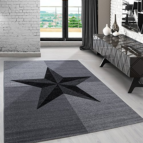 Carpetsale24 Teppich 140x200 cm Grau Kurzflor Stern Design Moderner Teppich für Wohnzimmer Schlafzimmer Flur Küche Esszimmer Kinderzimmer Pflegeleicht Weich