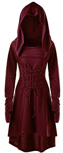 CNVAUIE Disfraz renacentista para mujer, vestido medieval con capucha, vestido gótico, cosplay, para Halloween, carnaval (burdeos, 3XL)