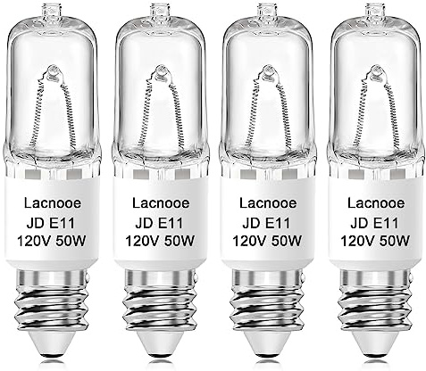 Lacnooe E11 Bulb, JDE11 120V 50W Halogen Light Bulbs, T4 Mini Candelabra Base, Dimmable 2700K Warm White, 4PCS E11 Light Bulb for Chandeliers, Candelabra, Ceiling Fan, Table Lamps, Cabinet Lighting