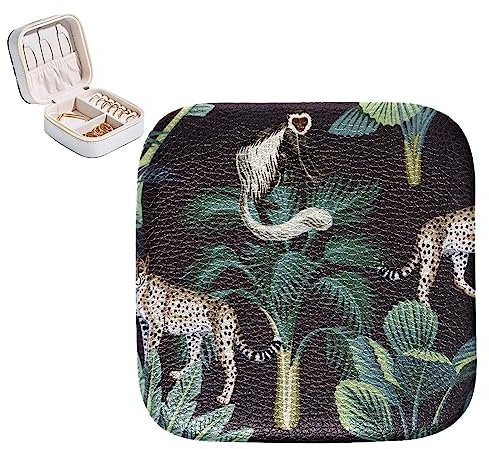 Kleine Schmuckschatulle für Mädchen, Pu-Leder-Reise-Schmuckschatulle-Organizer,Moderner tropischer Dschungel Leopard Lemur Bananenbaum