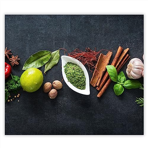 SMTDeco Herdabdeckplatte 60×52 cm – Mehr Arbeitsfläche, Spritzschutz & Schneidebrett – ESG Glas, kratzfest – für Induktion/Ceranfeld – 1-teilig, Motiv Kräuter Grau