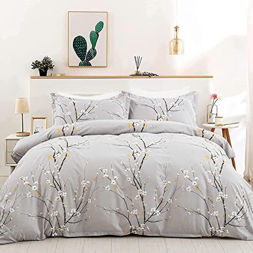 Freyamy Bettwäsche 135x200 4teilig Blumen Grau Floral Zweige Bettwäsche-Sets Aesthetic Mädchen Kinderbettwäsche Microfaser ÖKO-TEX Deckenbezug 2 Bettbezug mit Reißverschluss und 2 Kissenbezug 80x80cm