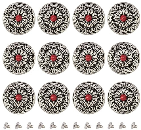 GORGECRAFT 1 Box 12 Stück 30mm Runde Conchos-Knöpfe Mit Schraubverschluss Rot Synthetisch Türkis Vintage-Metallknöpfe Sonnenblume Dekorative Schrauben Nieten Schnallen Ersatzknöpfe DIY-Lederhandwerk