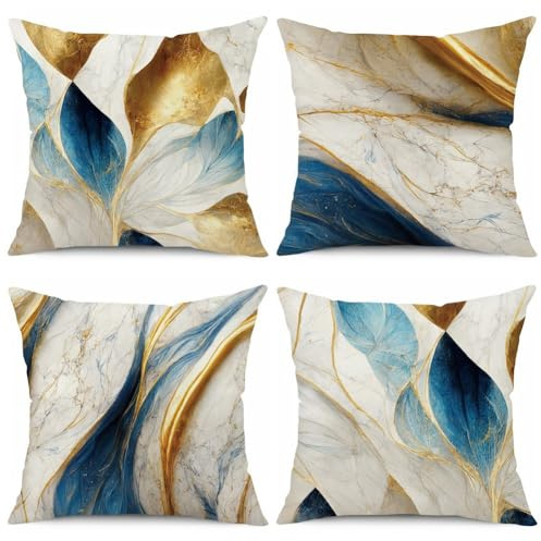 BCKAKQA Cushion Covers 45cm x 45cm Set of 4 Blue and Gold Decorative Throw Pillow Covers 18x18 inches Linen Square Throw Pillow Cases for Bedroom Living Room Sofa Couch Bed Pillowcases